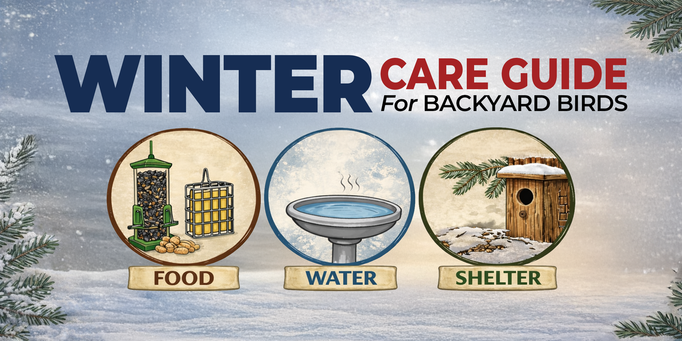 Backyard bird feeding setup with seed feeders, heated bird bath, and shelter for wild birds during National Bird Feeding Month in winter.