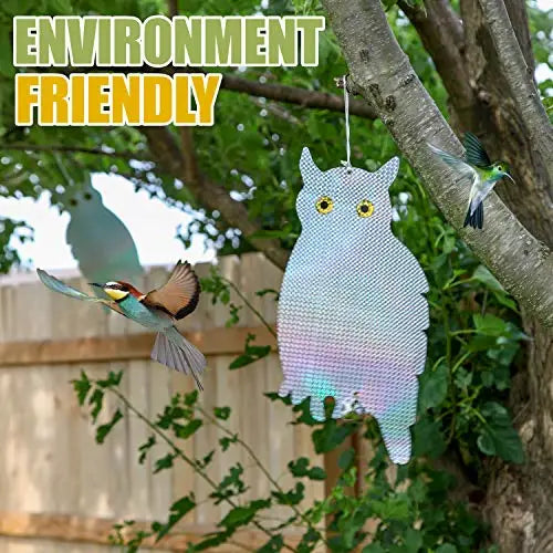 Owl Bird Repellent Reflective Holographic, 2 Pack, featuring lifelike owl decoys to deter birds, ideal for gardens and patios, with durable, weather-resistant design.