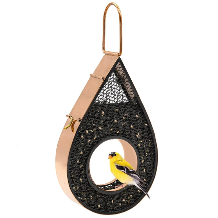 Rain Drop Fly-Thru Copper Bird Feeder with black mesh, featuring an American Goldfinch feeding on seeds, showcases its elegant raindrop design and easy-fill panel.