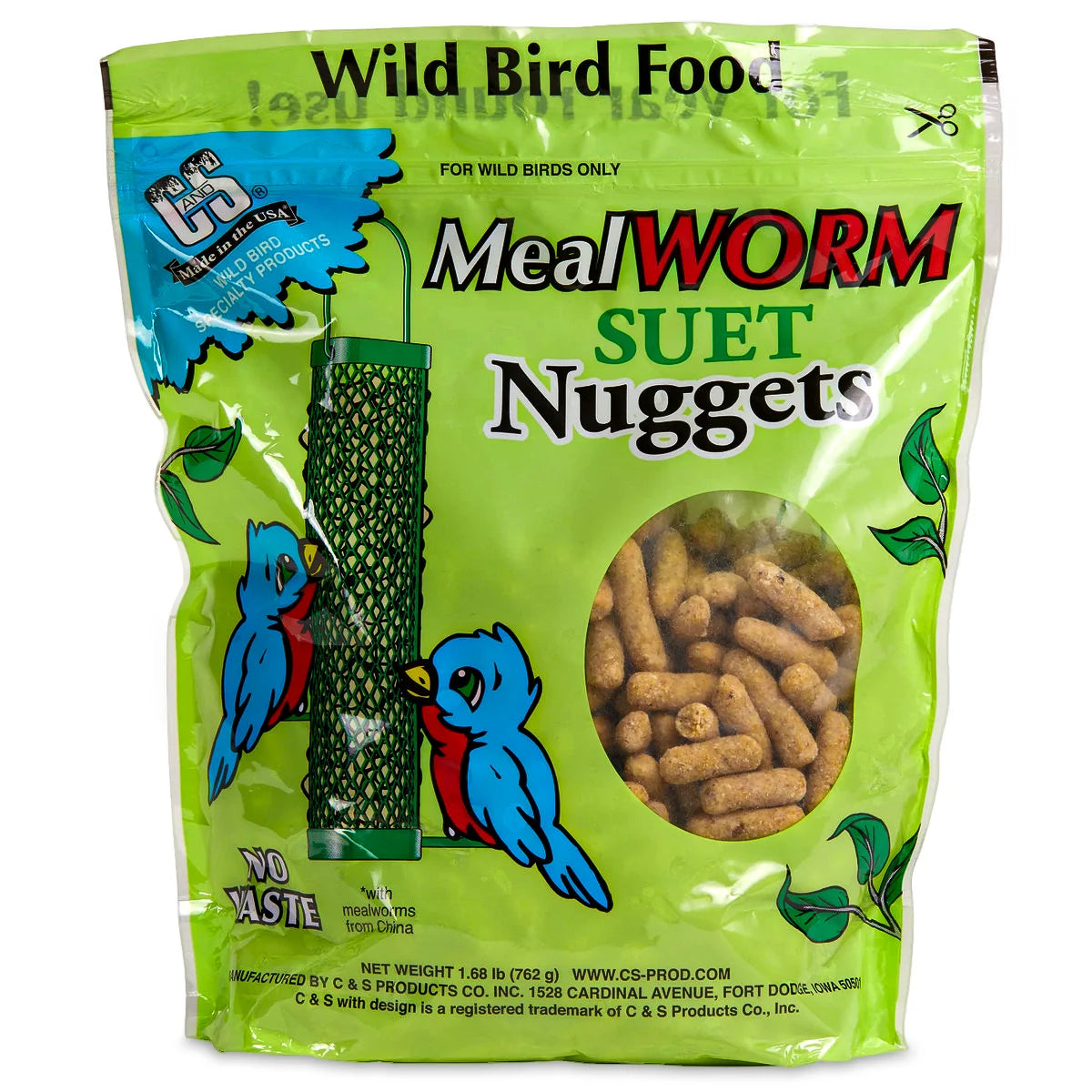 Mealworm Suet Nuggets, Set of 3 in green pouch with cartoon birds, ideal for attracting insect-eating songbirds. Contains high-protein mealworms and premium, no-waste ingredients.