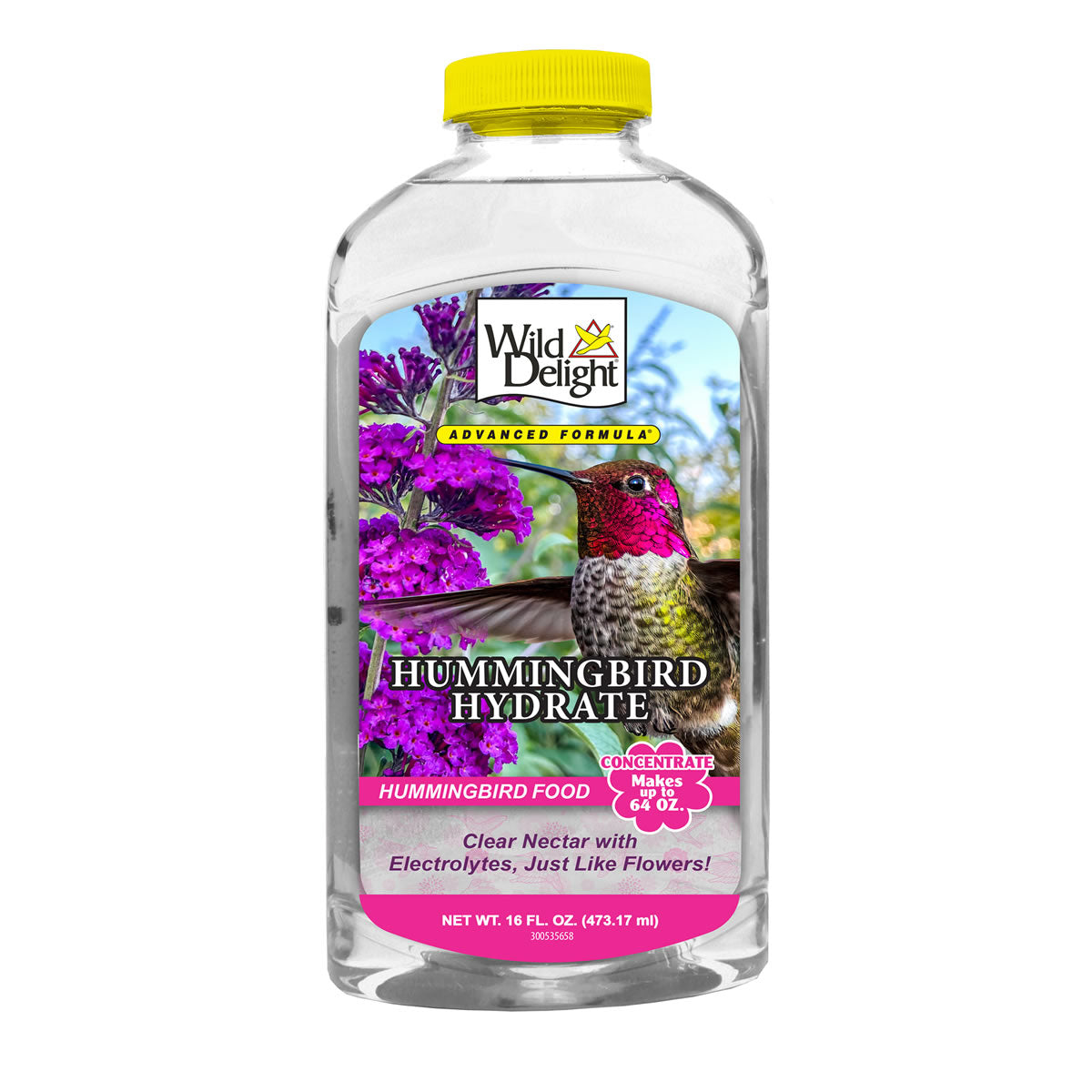 Wild Delight Hummingbird Hydrate Concentrate, 16 oz., featuring a yellow cap bottle, ready-to-pour concentrate for hummingbird nectar, enriched with calcium and electrolytes.