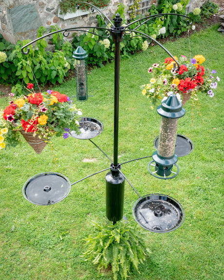 Brome Raccoon Buster Tray Kit with seed trays and bird baths, displayed on a pole with baskets of flowers.