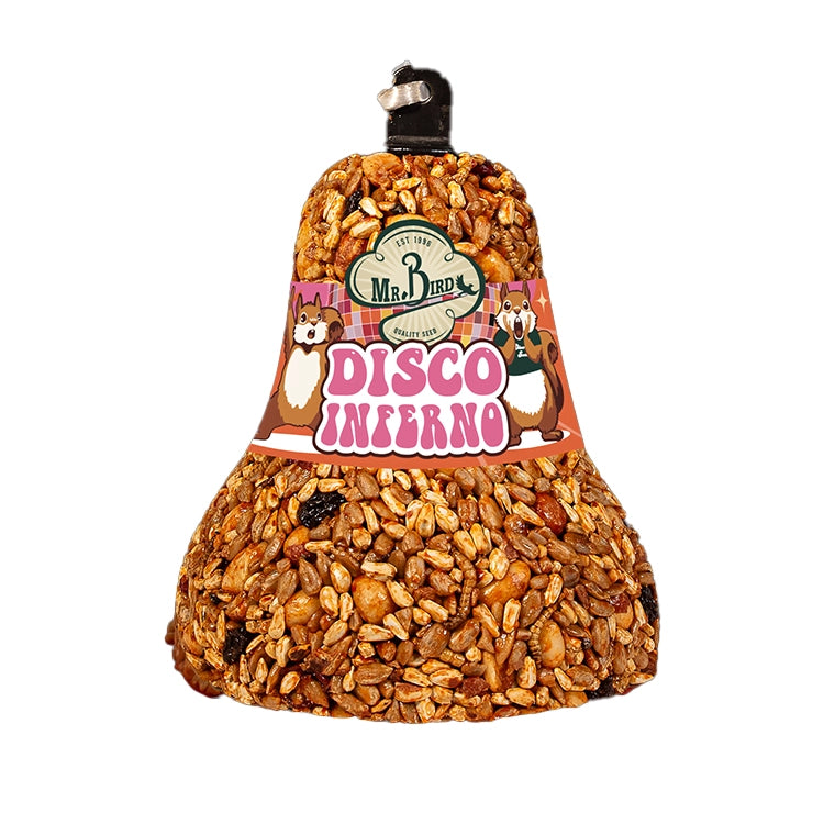 Mr. Bird Disco Inferno bird food bell with an orange and pink label on a white background.