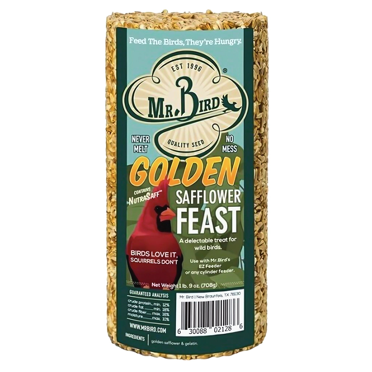 Golden Safflower Seed Log, Regular: Cylindrical seed block for birds, featuring a no-melt, no-mess design. Includes center hole for seed cylinder feeder placement.