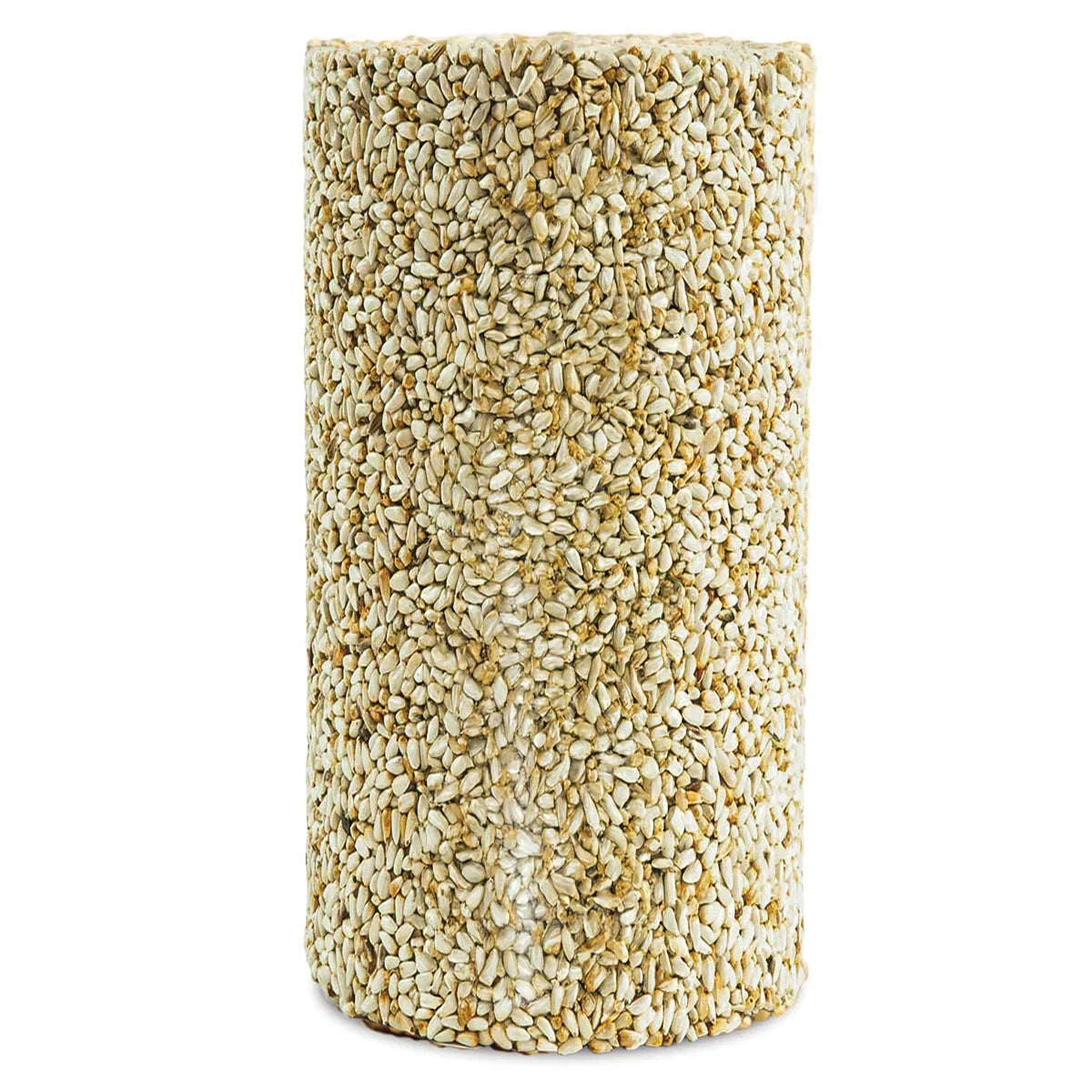Safflower Feast Cylinder Small: A solid cylinder of compressed safflower seeds, designed as bird feed. Ideal for attracting cardinals and finches while deterring squirrels.