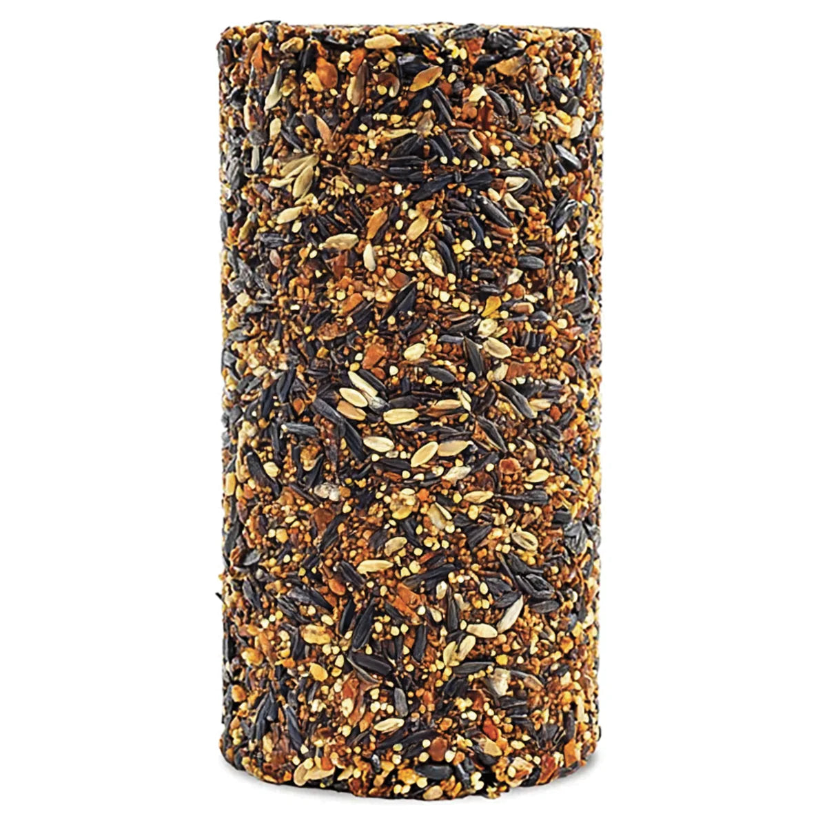 Wild Bird Feast Cylinder Small: Compressed birdseed log, 4 diameter, 7.75 tall, fits tube feeders. Packed with seeds like pecans and sunflower for attracting diverse birds.