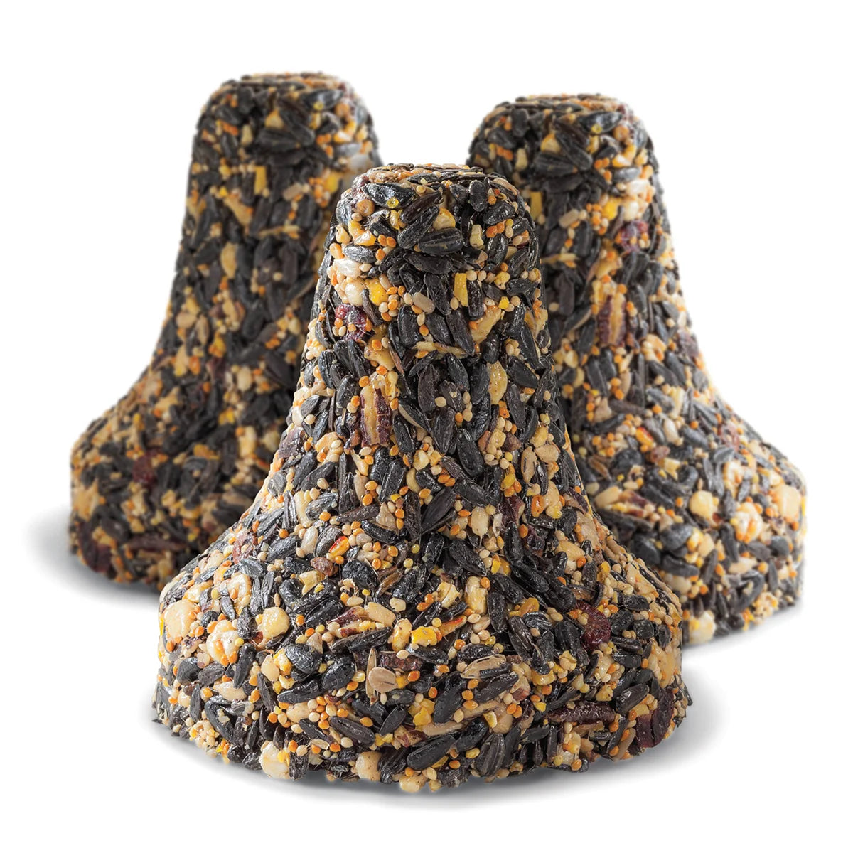 Fruit, Berry, Nut & Seed Bell, Set of 3; cone-shaped seed cakes for birds, featuring sunflower seeds, millet, peanuts, and blueberries, with a mesh bag for easy hanging.