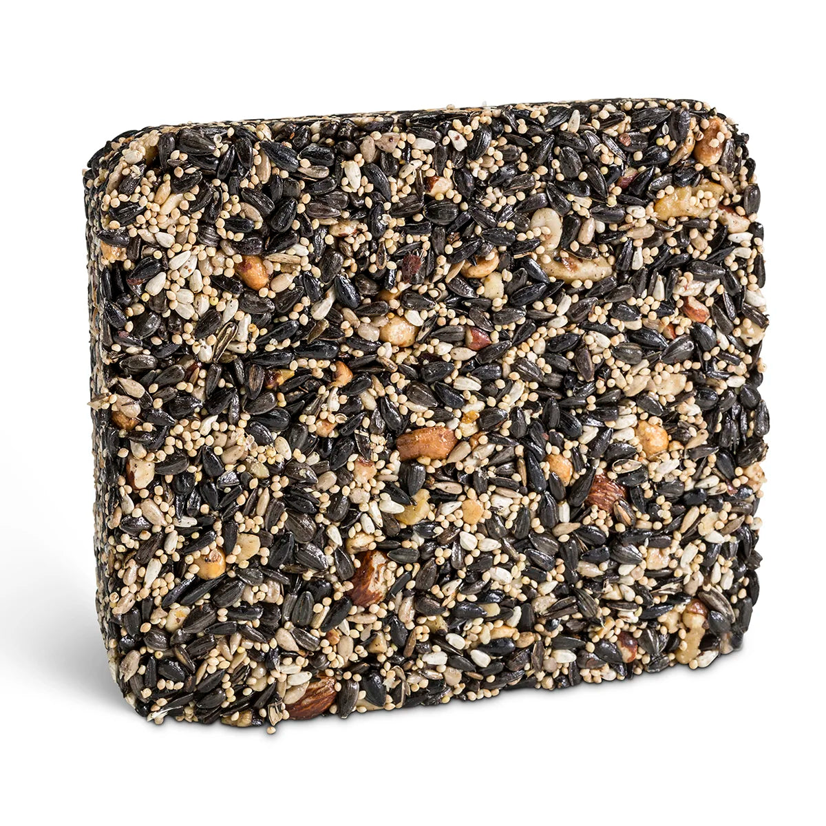 Fruit Berry Nut & Seed Cake: A compact, square seed block with visible black-oil sunflower seeds, millet, and nuts, designed to attract and nourish various backyard birds year-round.