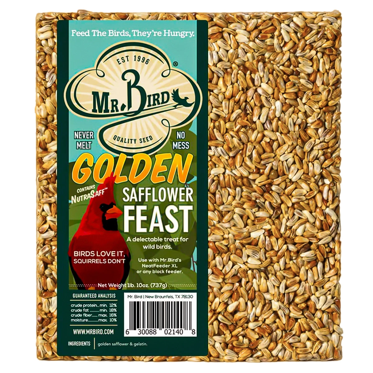 Golden Safflower Feast Block Large, a packaged bird-feed cake with safflower seeds and gelatin, ideal for block feeders, deters squirrels, attracts cardinals and grosbeaks.
