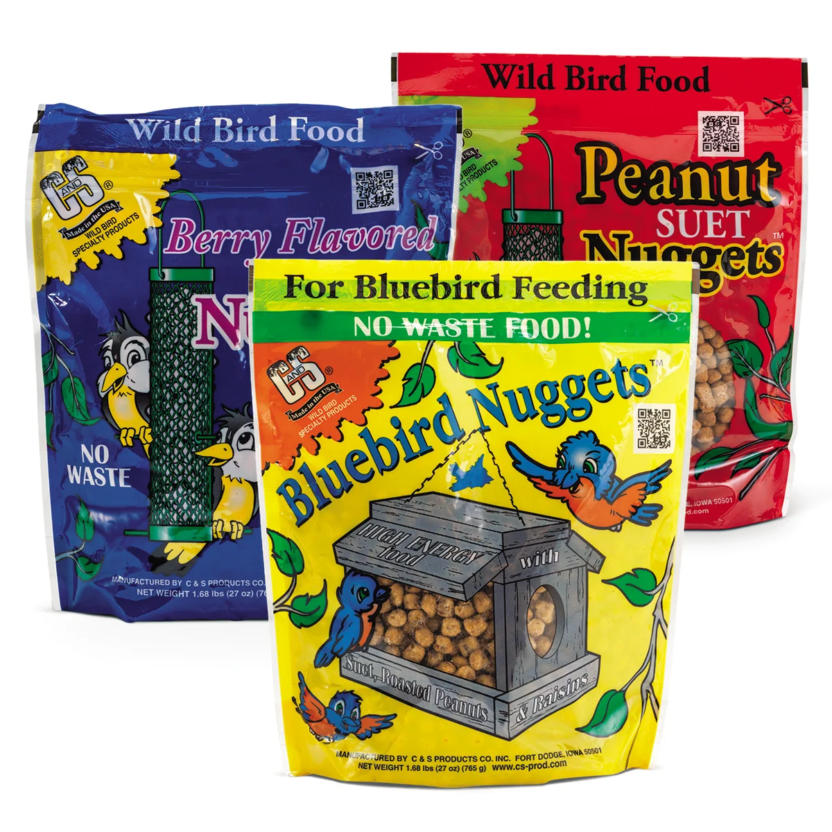 Nugget Suet Sampler, Set of 3: features Bluebird, Peanut, and Berry flavored suet nuggets in resealable bags, ideal for no-waste bird feeding.