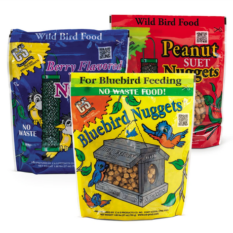 Nugget Suet Sampler, Set of 3: features Bluebird, Peanut, and Berry flavored suet nuggets in resealable bags, ideal for no-waste bird feeding.