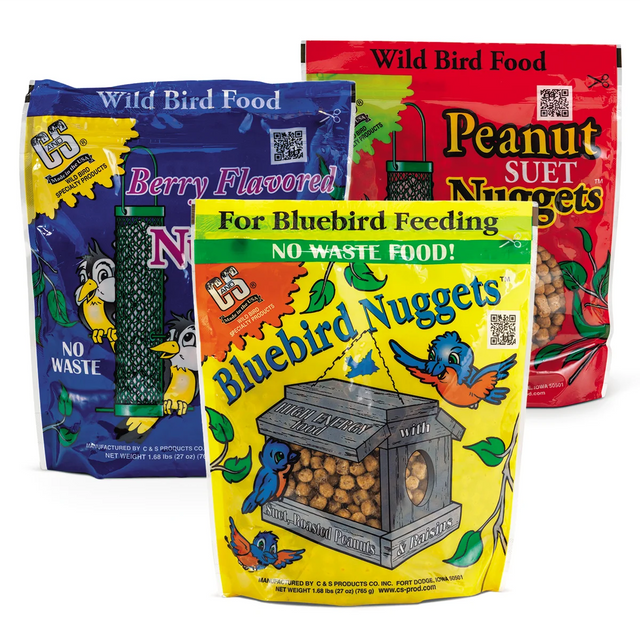 Nugget Suet Sampler, Set of 3: features Bluebird, Peanut, and Berry flavored suet nuggets in resealable bags, ideal for no-waste bird feeding.
