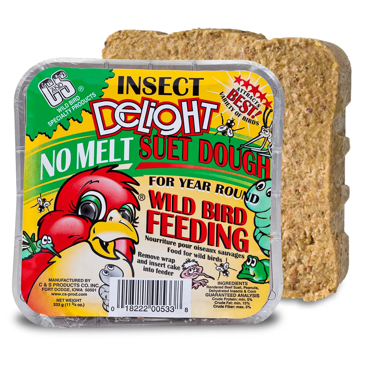 Insect Delight Suet features a foil-wrapped tray with a suet cake, attracting insect-eating birds. Includes peanuts, corn, and dehydrated insects for year-round feeding.