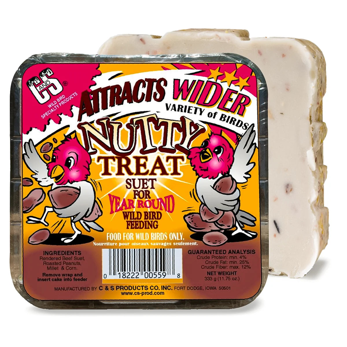Nutty Treat Suet Cakes packaged for wild-bird feeding, featuring ingredients like rendered beef suet and peanuts, promising to attract a variety of nut-eating birds year-round.