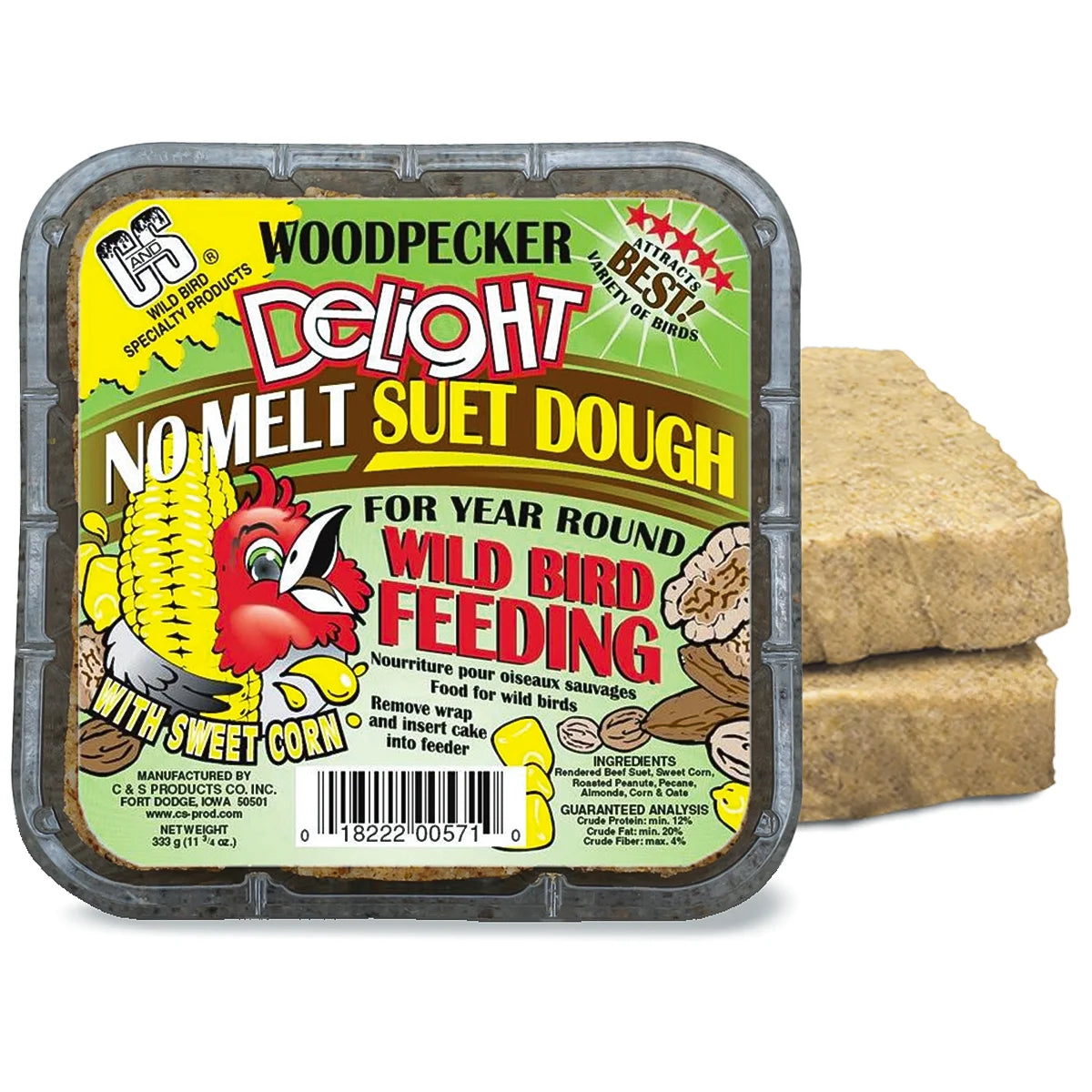Plastic tub of Woodpecker Delight Suet Cakes, featuring a cartoon woodpecker; includes no-melt, nutty suet dough ideal for attracting various birds year-round.