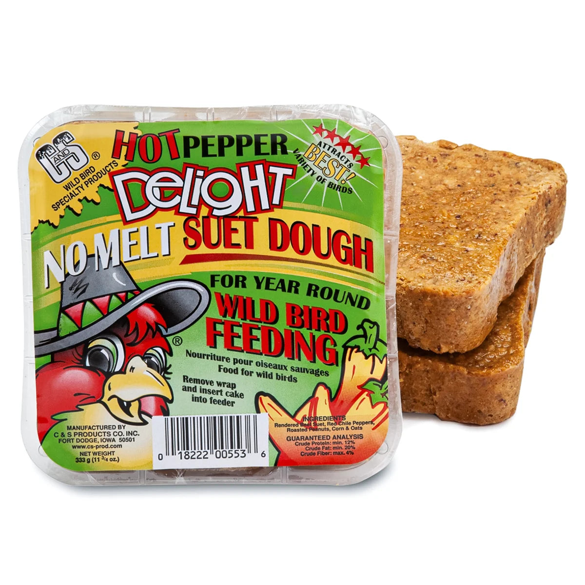 Hot Pepper Delight Suet Cakes in a plastic clamshell, with reddish-brown suet blocks, formulated to attract birds and deter squirrels using hot peppers.