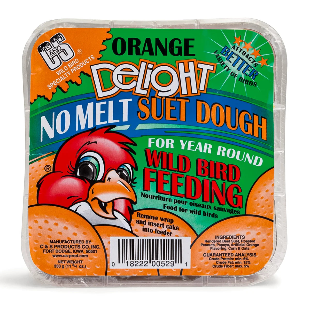 Orange Delight Suet Cakes package featuring bird cartoon, ideal for orioles and fruit-loving birds. No-melt formula includes suet, peanuts, papaya, orange flavor, corn, and oats.