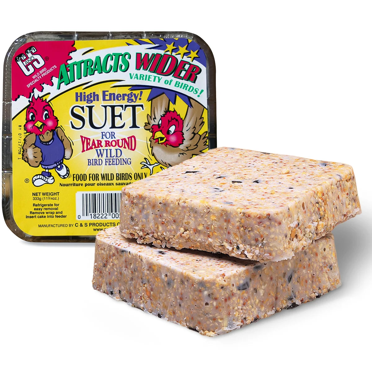 High Energy Suet Cakes in a labeled tray, featuring two square cakes made of beef suet, seeds, and grains for year-round wild bird feeding.