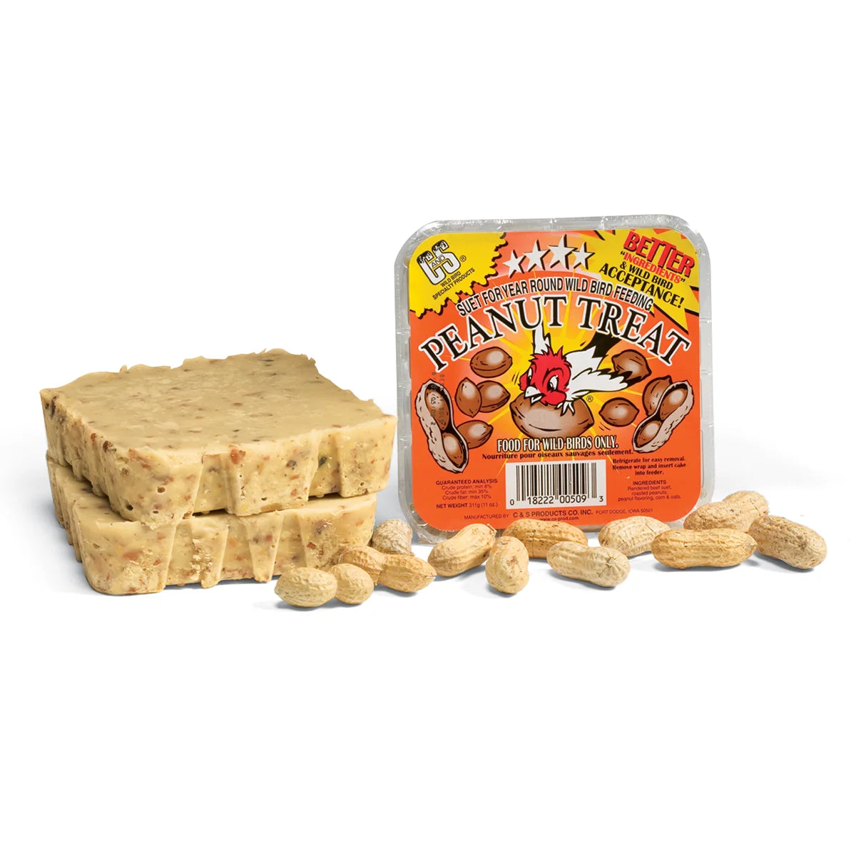 Peanut Treat Suet Cakes for wild birds, packaged with scattered whole peanuts, offering a high-energy, no-filler treat. Available in sets of four or twelve.