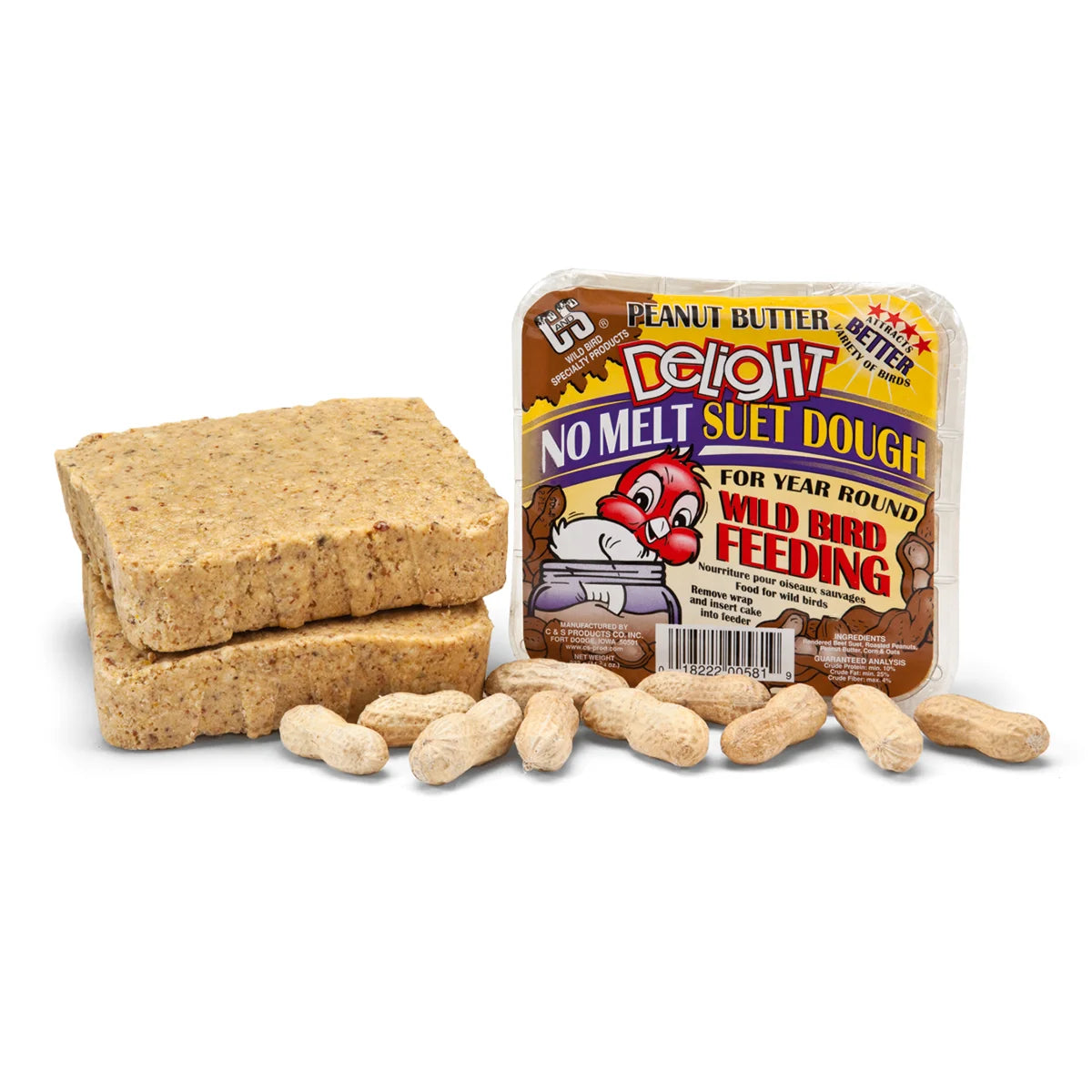 Peanut Butter Delight Suet blocks with peanuts, in packaging for year-round bird feeding; features no-melt suet dough for woodpeckers and nuthatches.