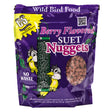Berry Nuggets, Set of 3: Purple bags of C&S Products' berry-flavored suet nuggets, featuring cartoon birds and No Waste, ideal for wild-bird feeding.
