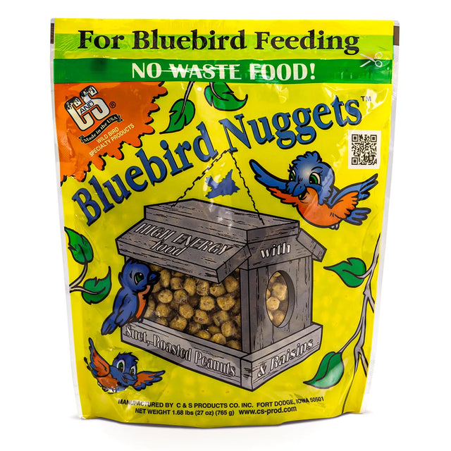 Bluebird Suet Nuggets, Set of 3: Bright yellow resealable bags, featuring high-energy suet nuggets with peanuts and raisins, perfect for no-waste bird feeding.