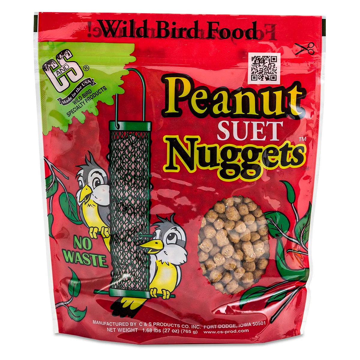 Peanut Suet Nuggets, Set of 3 in a resealable bag with a clear window showing tan nuggets, cartoon songbirds, and No Waste label.