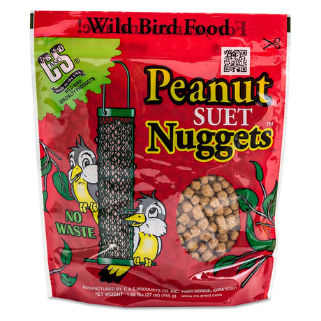 Peanut Suet Nuggets, Set of 3 in a resealable bag with a clear window showing tan nuggets, cartoon songbirds, and No Waste label.