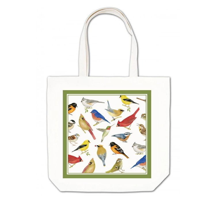 Large Tote, Wildbirds: White canvas bag adorned with assorted bird illustrations, featuring cardinals, bluebirds, and more, framed by a green border. Ideal for everyday use.