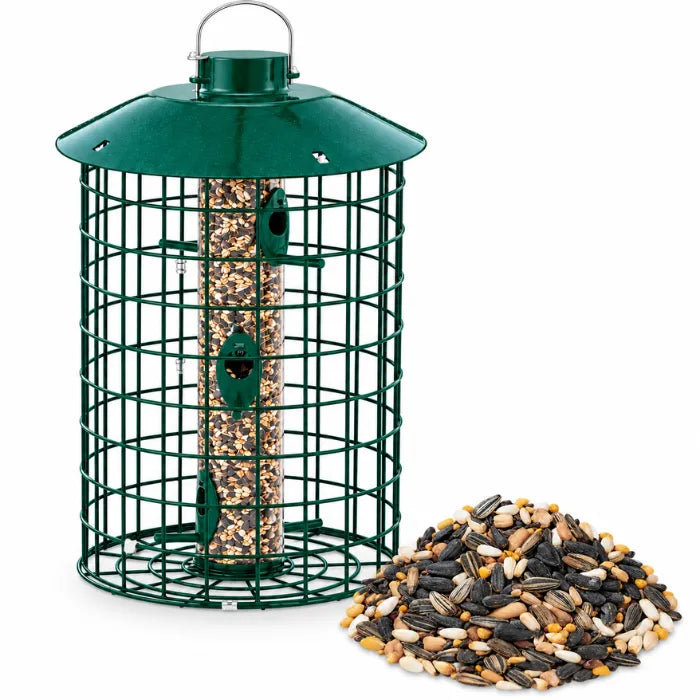 Duncraft Squirrel Proof Selective Bird Feeder with a 5 lb bag of Super Songbird Mix on a white background.