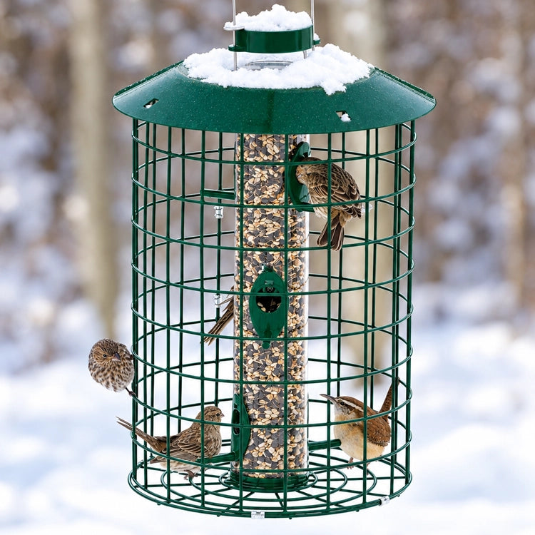 Duncraft Squirrel Proof Selective: Green wire-caged tube feeder with mixed seeds, attracting five songbirds eating seed through six ports with a winter background.