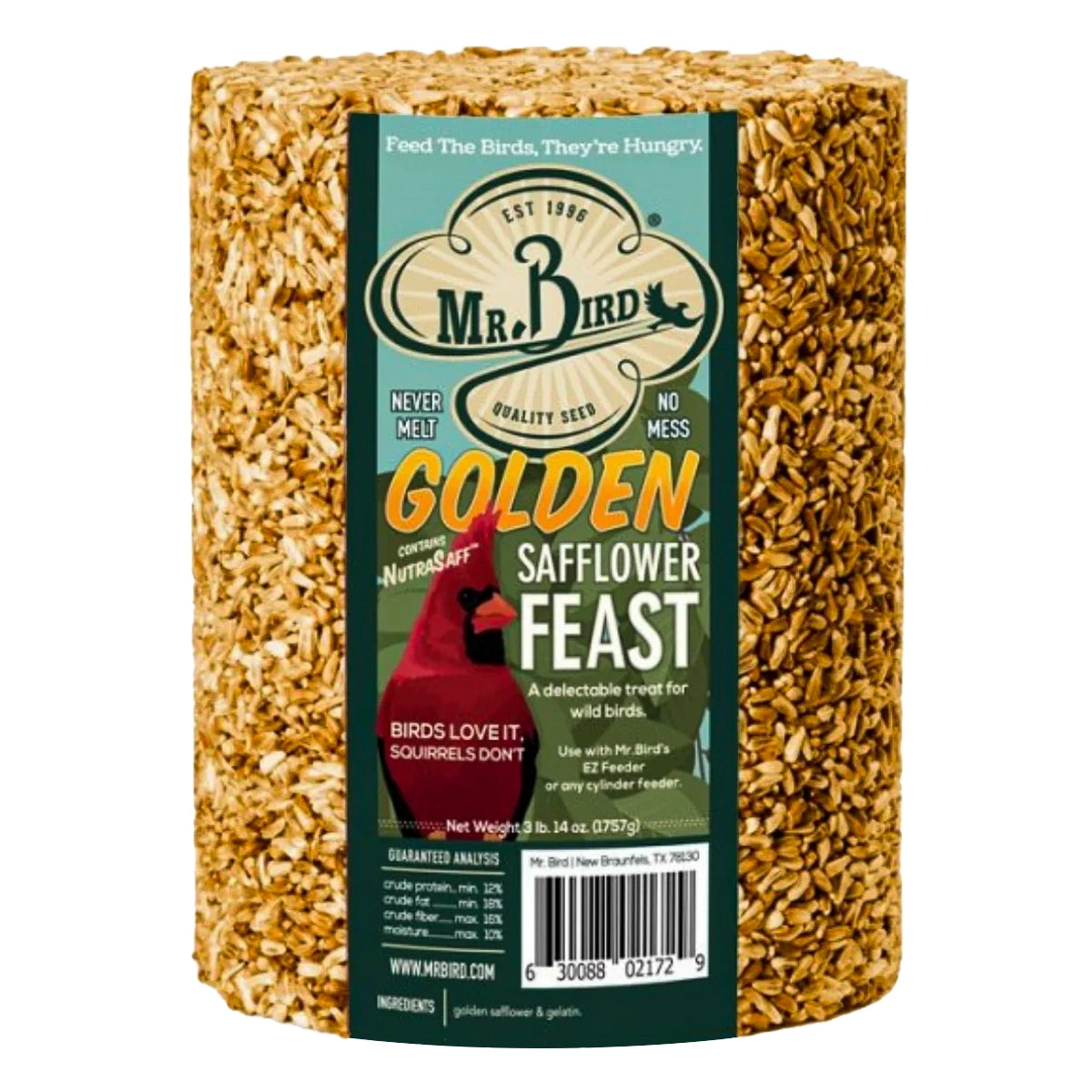Golden Safflower Seed Log, Jumbo; a cylindrical seed block with NutraSaff gel, designed to attract birds and deter squirrels, featuring a center hole for feeders.