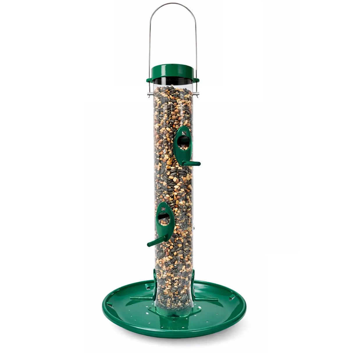 Tube-style bird feeder with a clear seed reservoir, green top and base tray, and multiple feeding ports with perches, filled with mixed seed and shown on a white background.