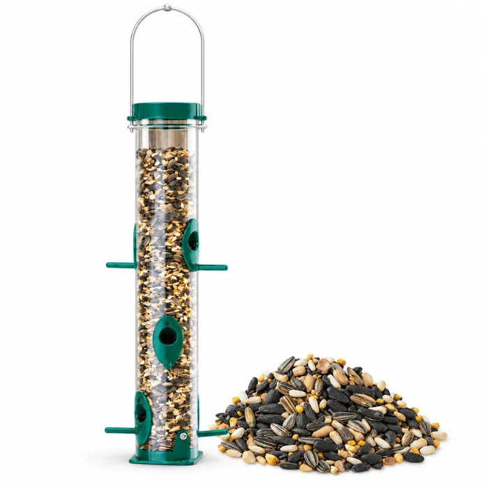 Duncraft Original Tube Bird Feeder with a 5 lb bag of Super Songbird Mix on a white background.