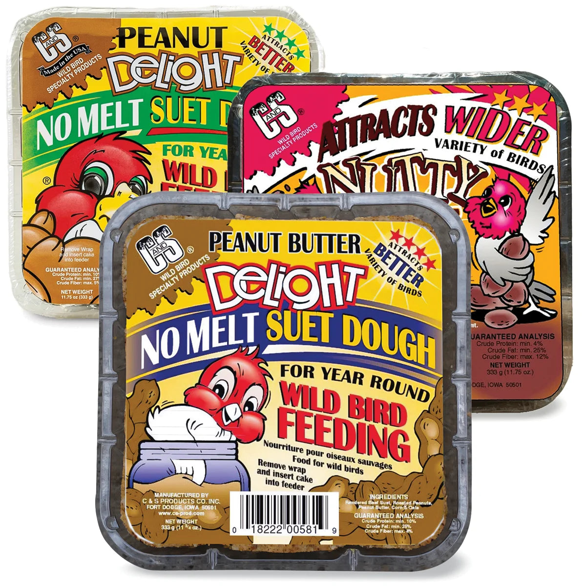 Woodpecker Suet Sampler, Set of 6, featuring three tubs of no-melt suet cakes in peanut butter and nutty flavors for year-round wild bird feeding.