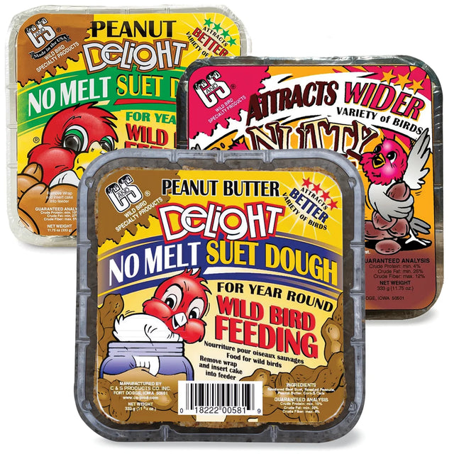 Woodpecker Suet Sampler, Set of 6, featuring three tubs of no-melt suet cakes in peanut butter and nutty flavors for year-round wild bird feeding.