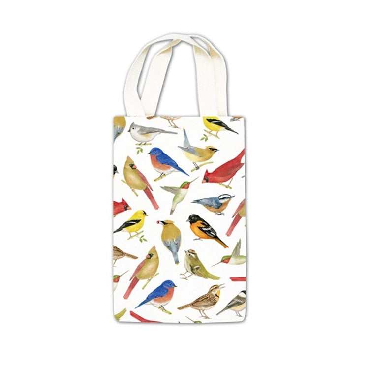 Canvas tote bag with watercolor-style songbirds, titled Wine Cadd, Wildbirds, featuring natural handles, ideal for gifting gourmet treats and reusable use.
