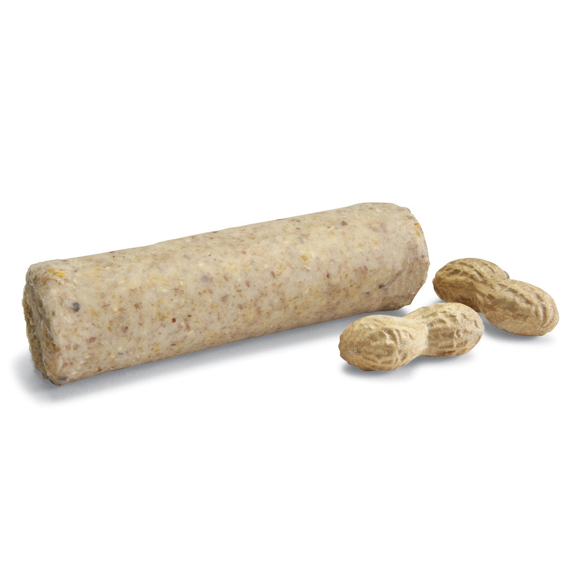 Peanut Blend, 12 Suet Plugs shown with a cylindrical suet log and in-shell peanuts, ideal for woodpeckers. Features melt-resistant formula for warm weather.