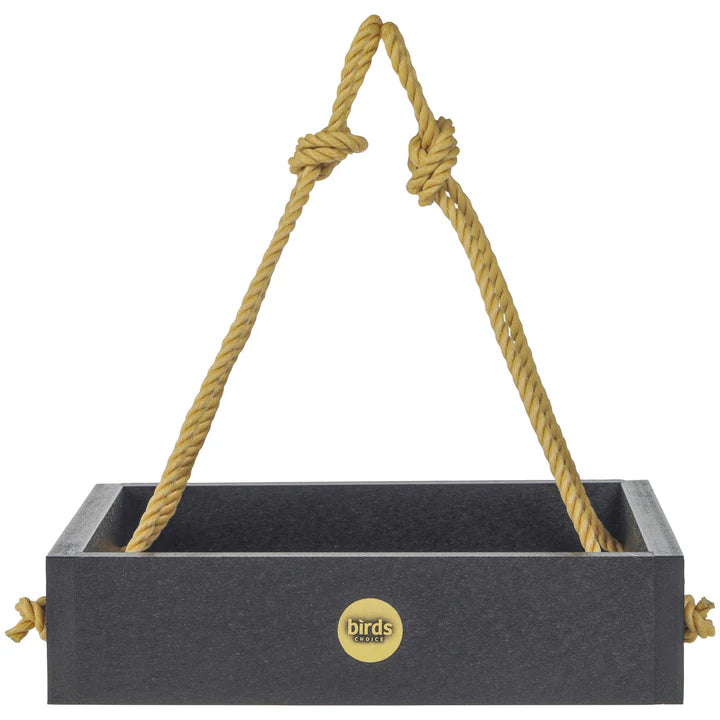Modern Farmhouse Small Hanging Platform Bird Feeder with a black box design, yellow nylon rope, and a durable steel mesh tray for birds.