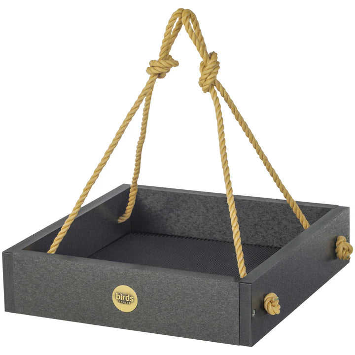 Modern Farmhouse Small Hanging Platform Bird Feeder with nylon rope and sturdy perforated steel tray, designed for attracting various songbirds. Measures 10 x 10.25 x 2.375 inches.