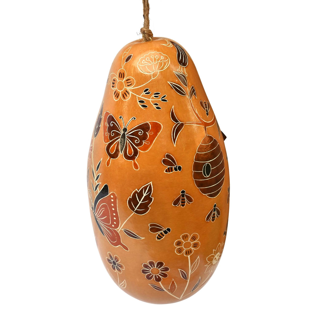 Day Pollinators Gourd Birdhouse featuring butterflies, bees, and flower designs, with a 1-1/4 inch opening for small birds. Hand-carved and ready to hang.