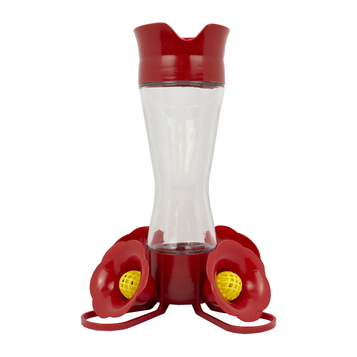 The Glass Sipper Hummingbird Feeder features a clear plastic reservoir with a red base and four red flower-shaped feeding ports for safe, toxin-free hummingbird feeding.