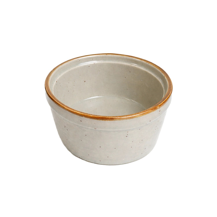 Duncraft 7 oz Granite Gray Porcelain Bird Feeding Cup, a small, durable ceramic bowl with a beige-gray finish and warm brown rim, ideal for bird treats.