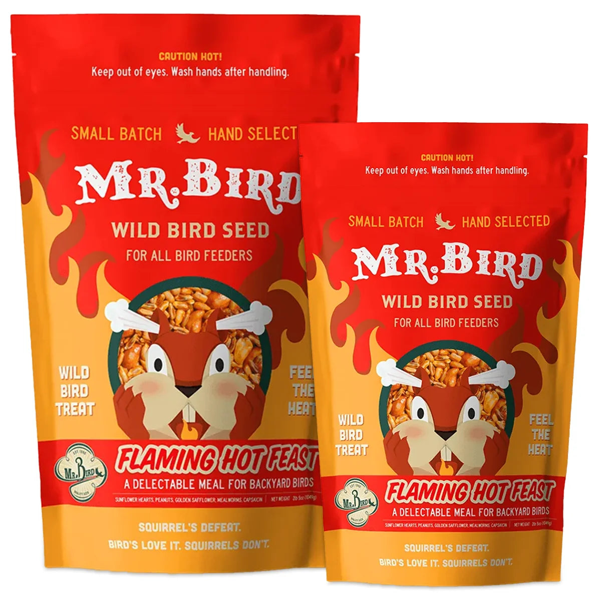 Mr. Bird Flaming Hot Feast Wild Bird Seed bag with squirrel deterrent features; available in 2 or 4-lb sizes, promoting bird attraction with capsaicin-infused seeds.