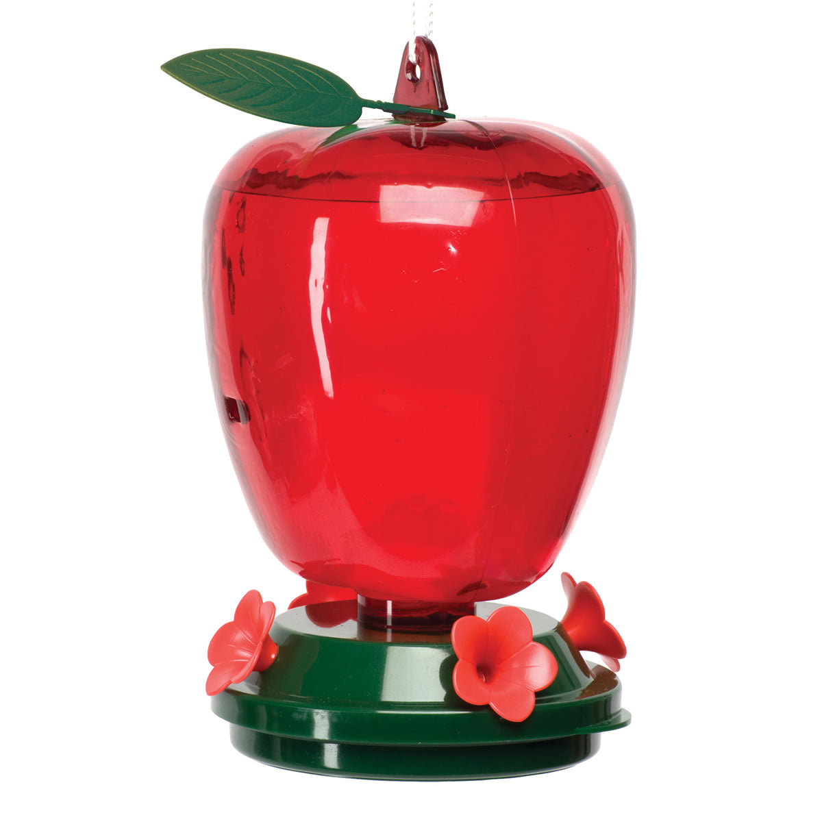 40 oz. Plastic Apple Hummingbird Feeder with a red apple shape, featuring red flower-shaped feeding ports and a translucent reservoir for nectar visibility.
