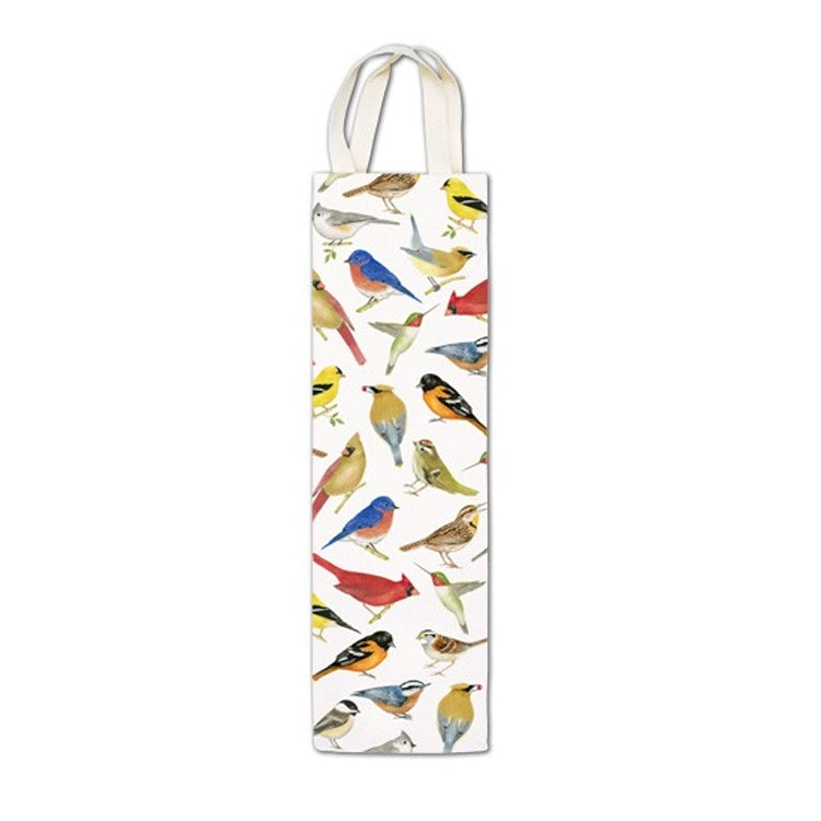 Wild Birds Wine Caddy featuring vibrant songbird illustrations with shoulder straps, designed to hold a wine bottle or tall gourmet bottle for easy gifting.