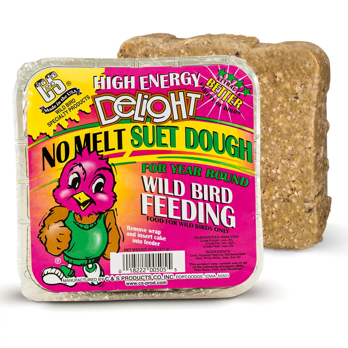 High Energy Delight No Melt Suet Dough in a foil tray with a cartoon bird label, ideal for attracting suet-eating wild birds year-round.