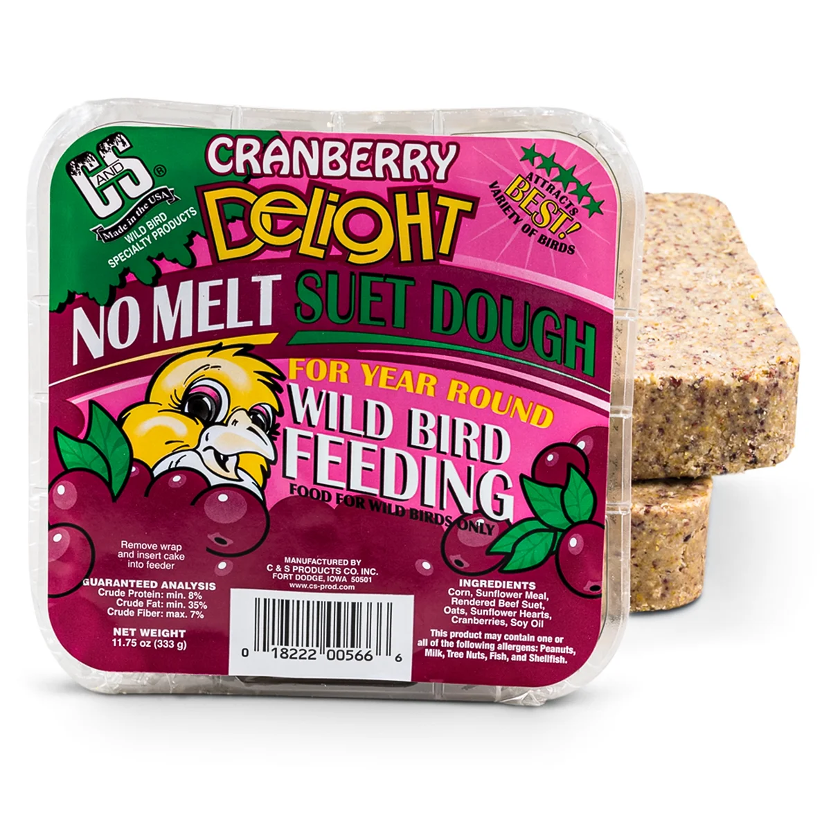 Cranberry Delight Suet Cakes pack, featuring two cranberry-speckled suet blocks in a clear clamshell, ideal for year-round wild bird feeding with no-melt dough.