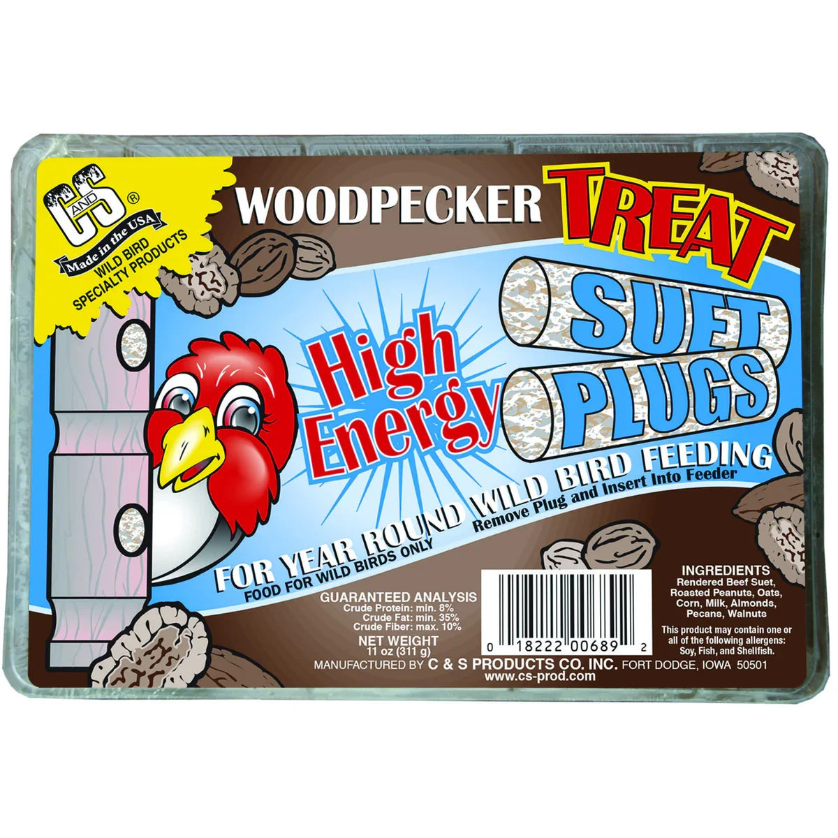Woodpecker Treat, 12 Suet Plugs: Retail package of high-energy suet plugs with peanuts and tree nuts for easy wild bird feeding; features cartoon woodpecker and nutritional details.