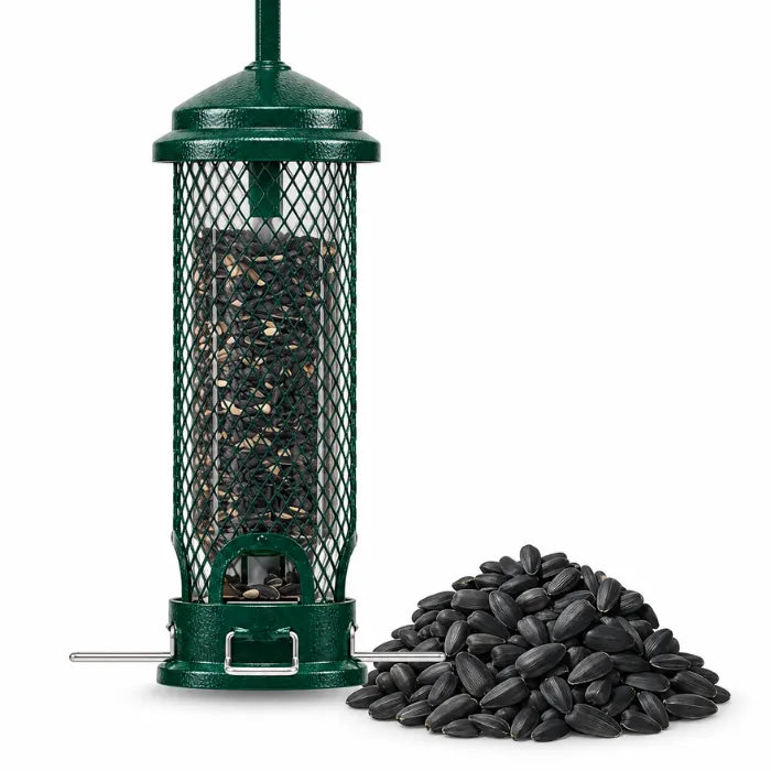 Brome Squirrel Buster Mini Bird Feeder with a 5 lb bag of Black Oil Sunflower Seed on a white background.